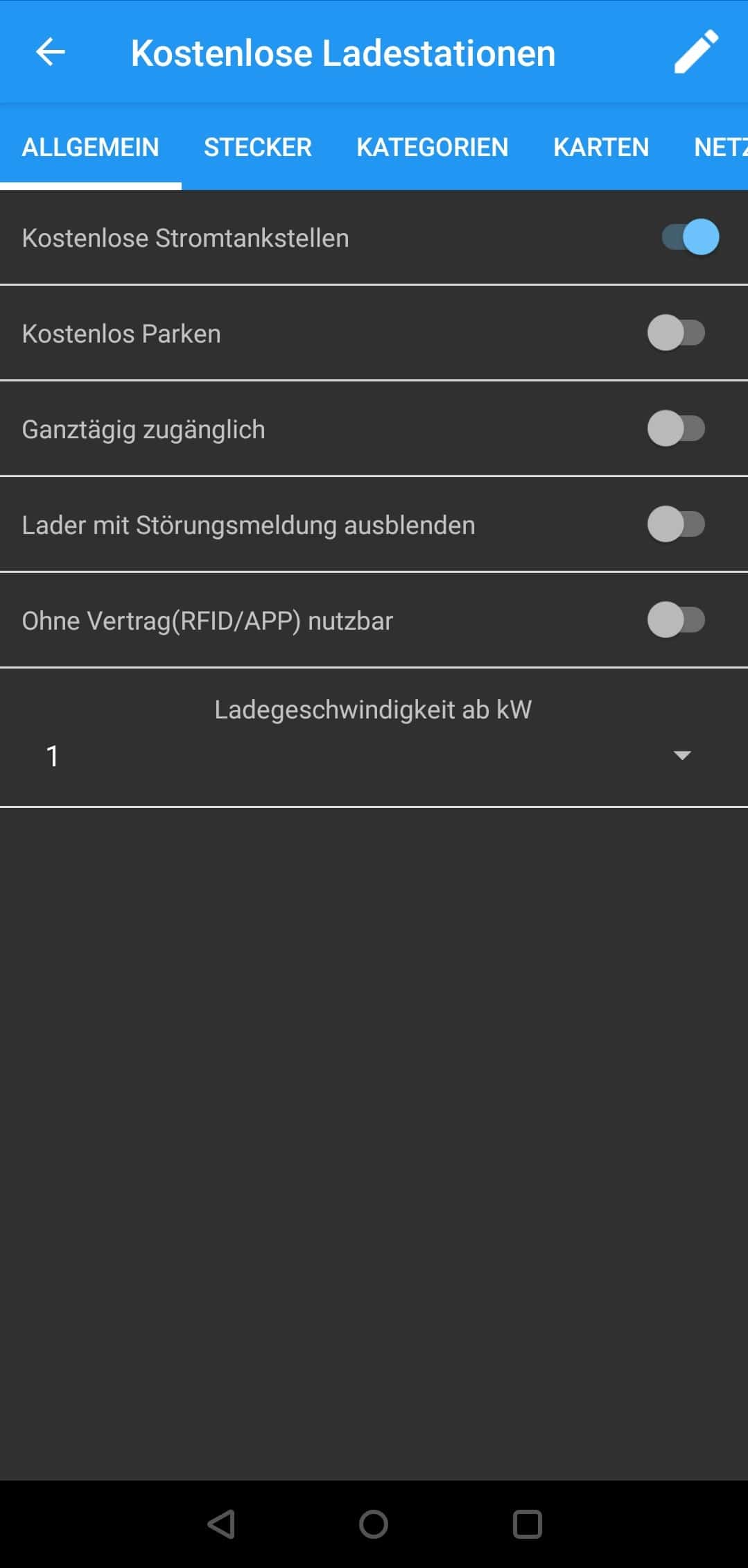 AirElectric (Android) Aktivieren des Filters Kostenlose Stromtankstellen